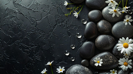 Spa stones and beautiful flowers on black background -