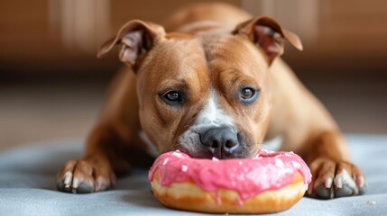 the joyous moment of a Staffordshire Bull Terrier Dog eat doughnut in special shot photography - obrazy, fototapety, plakaty