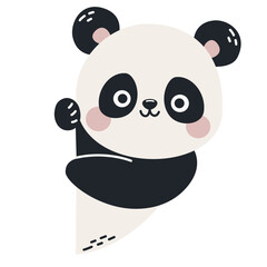 Vector illustration in children's style. Cute panda looking out from behind a banner, in Scandinavian style . Vector illustration