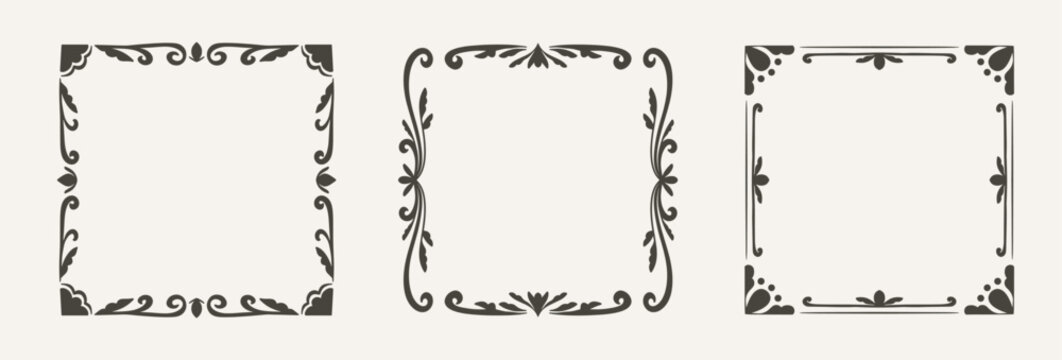 Set of Vintage Ornament Frames. Elegant Decorative Square Border for Wedding Invitation and Scrapbooking design