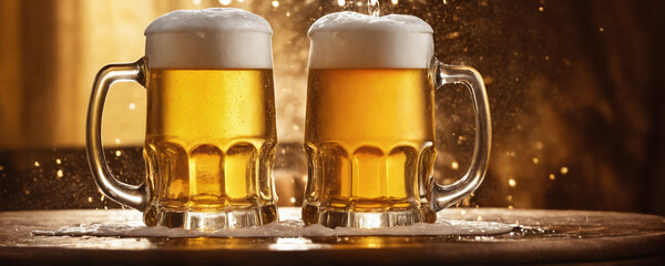 Two glass mugs filled with beer on a wooden table. 