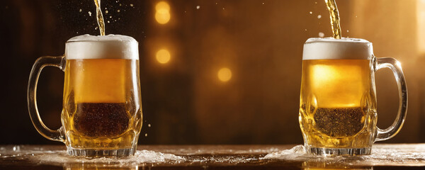 Two glass mugs filled with beer on a wooden table. 