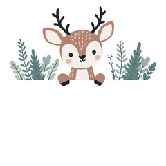 Vector banner in children's style. Cute reindeer looking out from behind the banner, plants and flowers in Scandinavian style . Vector illustration