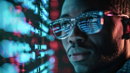 Closeup of an African-American Man, programmer, IT specialist, Analyst with glasses, reading an html script in the office. Software, cybersecurity, digital code, information modern technology concepts
