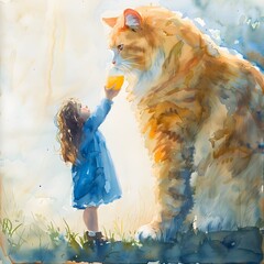 Innocent Sharing A Young Girl and Her Giant BiColor Cat Enjoy a Moment of Pure Joy with Orange Juice - obrazy, fototapety, plakaty