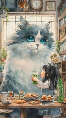 Giant Fluffy Cat and Little Girl Share a Refreshing Drink in Heartwarming Inter species Friendship - obrazy, fototapety, plakaty