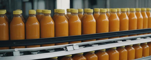 Bottles filled with orange juice move along a conveyor belt in a factory.