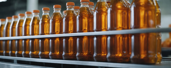 Bottles filled with apple juice move along a conveyor belt in a factory.
