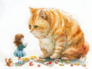 A Little Girl Offers a Straw to Her Gigantic Pet Cat in a Whimsical Encounter - obrazy, fototapety, plakaty