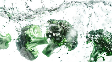 Ripe green broccoli in a splash of water close-up, dynamic image