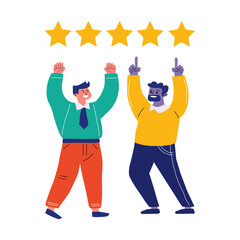 Customer feedback, 5 stars. Two cartoon happy men rejoice at the stars. Flat vector illustration. Isolated on white.