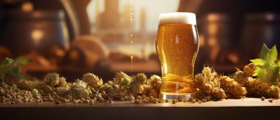 A glass of craft beer with a background of brewing ingredients like hops and barley, highlighting the brewing process for a microbreweryâ€™s tour brochure,