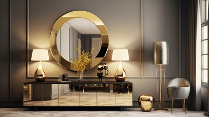 Modern interior design with gold accents like lamps and mirrors against a minimalist decor,