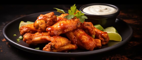 Fototapeta premium Sizzling hot wings plate with a side of creamy dip, close-up on a dark slate background,
