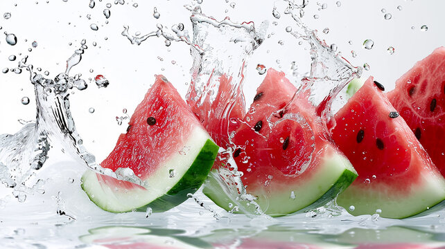 Ripe red watermelon slices in a splash of water close-up, dynamic image