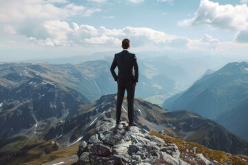 Rear View of a Businessman in a Suit Looking out Over a Valley From a High Mountain Viewpoint