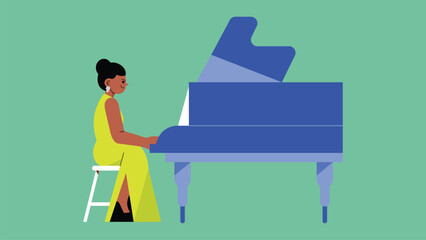 Pianist female character playing musical composition on grand piano for symphonic orchestra or opera performance on stage. talented woman artist performing on scene. cartoon vector illustration