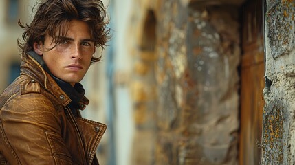 Rugged Elegance: Young Man in Vintage Leather Jacket Against Weathered Wall