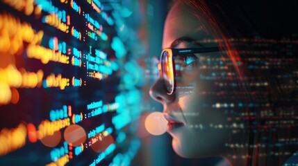 Close-up of a female programmer, IT specialist, Analyst with glasses reading an html script in the office. Software, cybersecurity, hologram data, digital code, information modern technology concepts