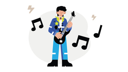 A young man playing guitar at home. Guitarist musician is sitting in quarantine alone. Flat vector illustration