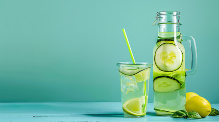 Sports bottle and jug of lemonade with cucumber 