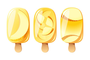 Ice cream with melon, fruit popsicle on a wooden stick with pieces of melon. Summer cold dessert, frozen juice, fruit ice. Vector illustration.