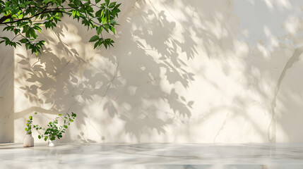 Minimal empty white marble stone counter table top, green tree in sunlight, leaf shadow on beige brown marble background. Generative AI.