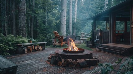 A wood burning fire pit surrounded by logs and a bench - Powered by Adobe
