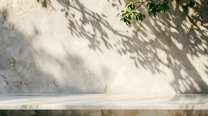 Minimal empty white marble stone counter table top, green tree in sunlight, leaf shadow on beige brown marble background. Generative AI.