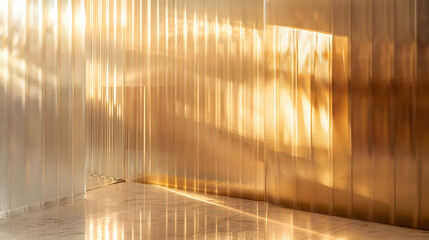 Modern and minimal reeded glass partition in sunlight on beige gold colored wall background for luxury, organic, beauty, cosmetic product marble background. Generative AI.