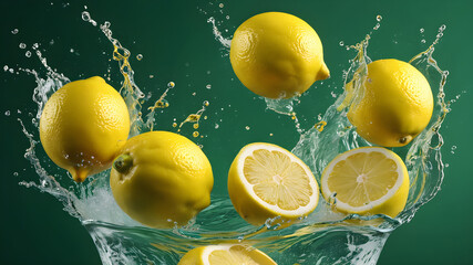 Juicy yellow lemons creating a dynamic splash in crystal clear water against a lush green background.
