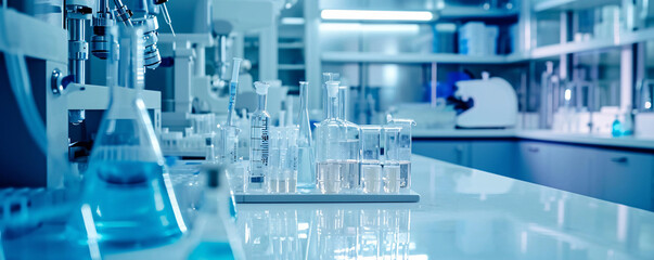A modern laboratory filled with scientific glassware and high-tech equipment, showcasing a sterile...