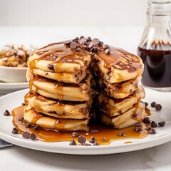 fluffy chocolate chip pancakes with the topping of butter and sugar syrup