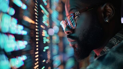 Close-up of an African-American Man, programmer, IT specialist, Analyst with glasses, reading an html script in the office. Software, cybersecurity, digital code, information modern technology concept