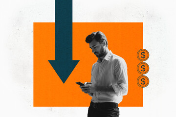 Composite photo collage of upset serious guy hold iphone device arrow down statistics failure...