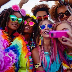 A group of people wearing colorful clothing and sunglasses are taking a selfie
