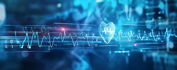 Digital Heartbeat. A vibrant heart rate graph on a tech-inspired background. Health Tech.