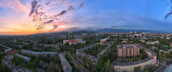 Panoramic image from a quadcopter of the central part of the largest Kazakh city of Almaty in the...