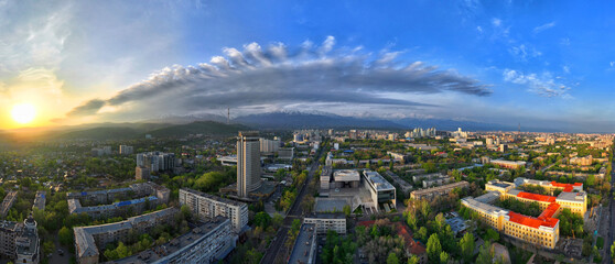 Panoramic image from a quadcopter of the central part of the largest Kazakh city of Almaty in the...
