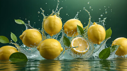 Juicy yellow lemons creating a dynamic splash in crystal clear water against a lush green background.