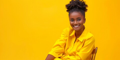 Confident businesswoman in a yellow shirt, poised for success with ample copyspace on a yellow background for corporate messaging.