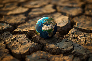 Planet Earth on the cracked ground. Global warming and climate change concept