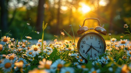 Alarm clock on beautiful nature background with green grass and white flowers meadow