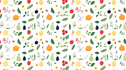 A seamless pattern of hand-drawn fruits and vegetables.