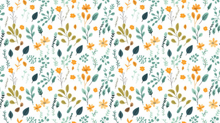 A seamless pattern of hand-drawn leaves and flowers in muted colors.