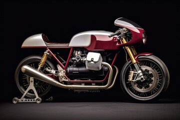 A red and white cafe racer motorcycle is parked in a dark room. Generative AI - Powered by Adobe