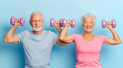 Senior Caucasian man and woman doing exercise with dumbbells