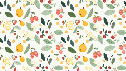 A seamless pattern of hand-drawn lemons, strawberries, and leaves.