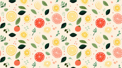 A seamless pattern of hand-drawn lemons, grapefruits, strawberries, and leaves.