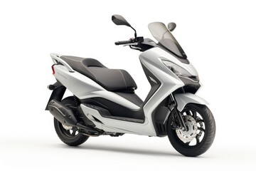 A sleek silver and black scooter stands on a clean white background. Generative AI